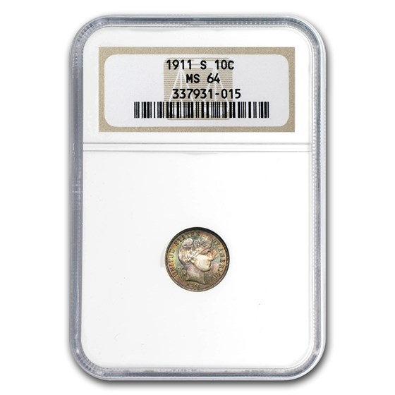 1911-S Barber Dime MS-64 NGC (Beautifully Toned) 1911-S Barber Dime MS-64 NGC (Beautifully Toned)